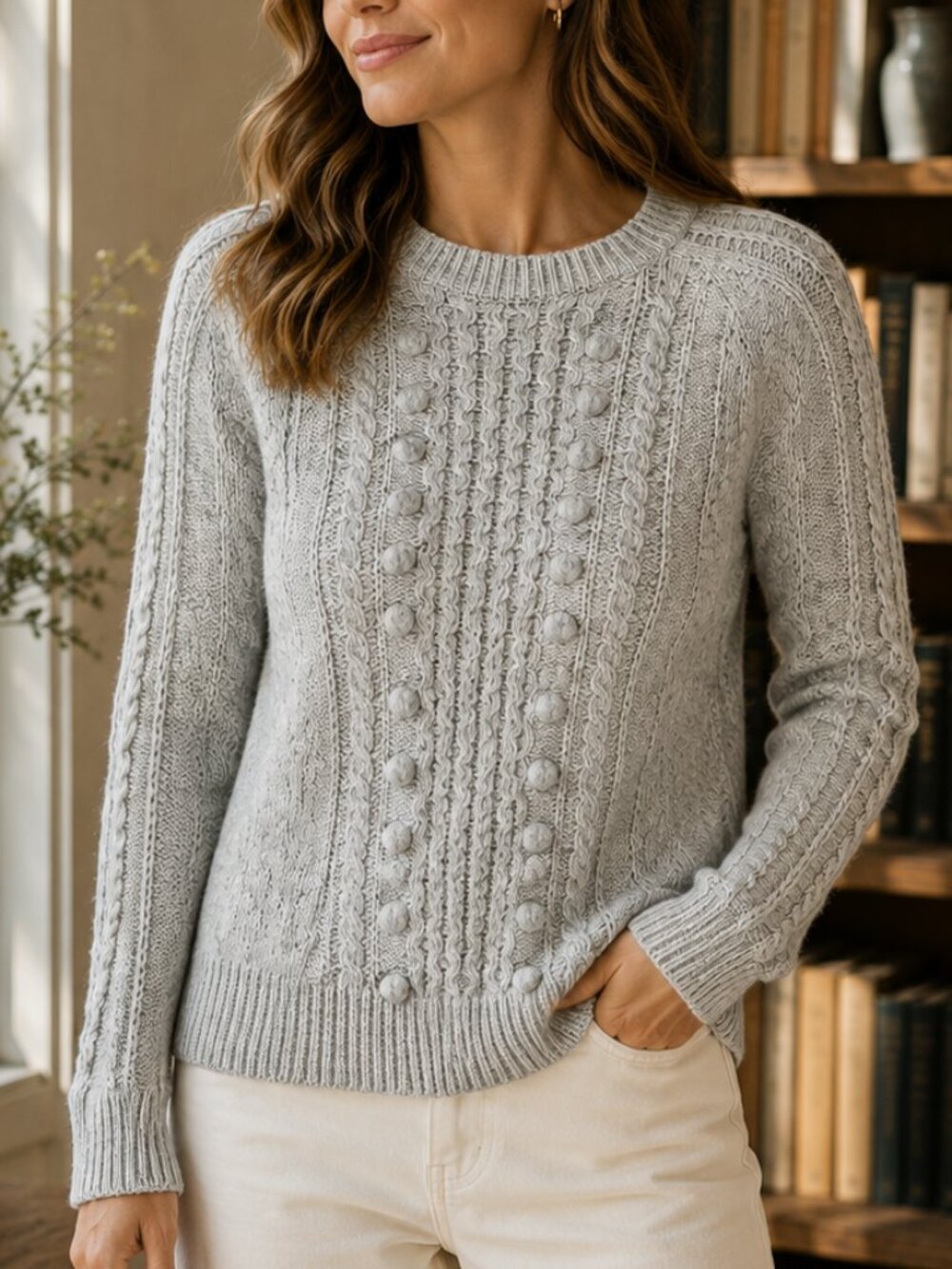 J. Crew Popcorn Cable Knit Lambswool Blend Sweater Light Gray Medium